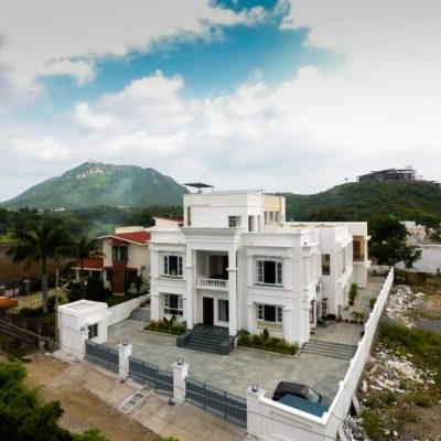 Drone shot of Chez Lavania and Aravali landscape — hotels in Udaipur near Lake Pichola near Monsoon Palace
